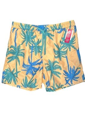 NWOT Surf Society Men's Orange Palm Tree Print Swim Trunks Teal Waistband Sz. M